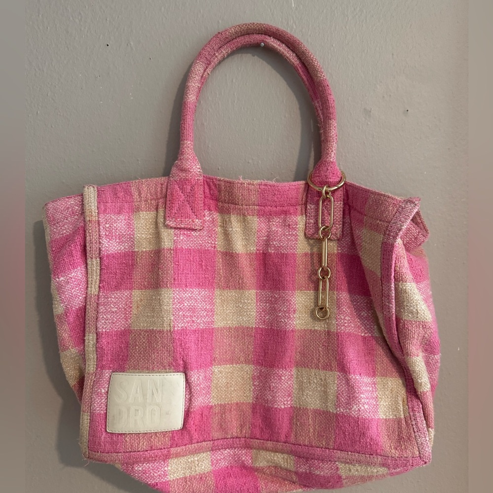 $450 SANDRO Kasbah gingham print cotton‎ tote bag shoulder bag pink cream white - Picture 7 of 10